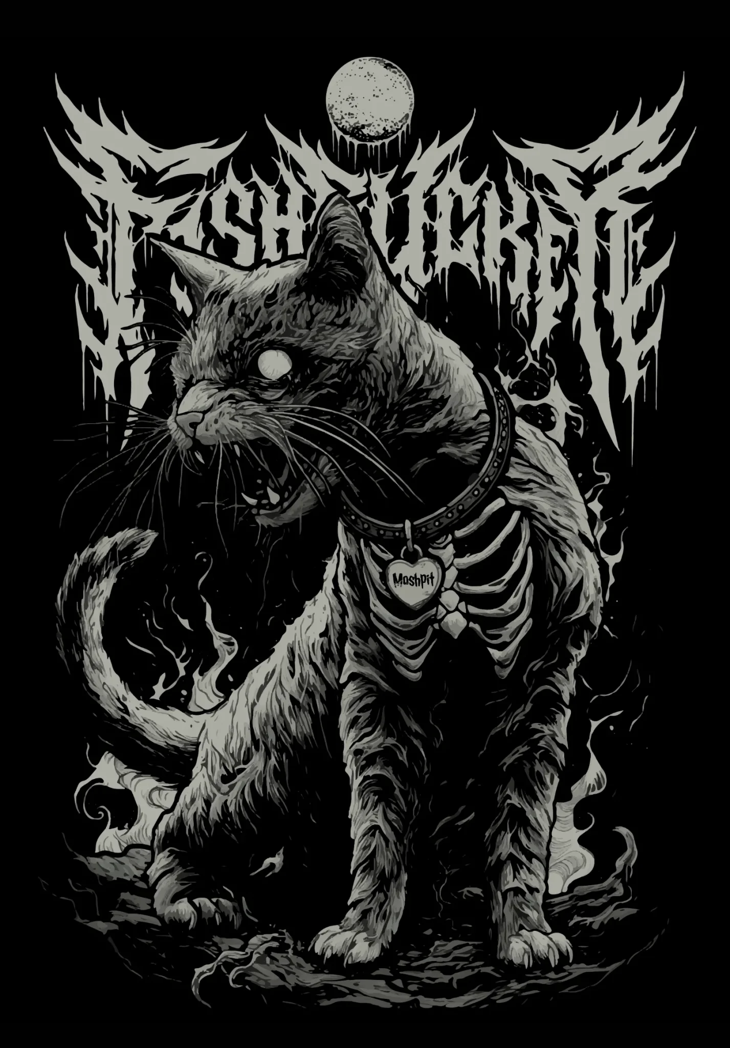 T-shirt ROTTEN KITTEN – Coupe ample, 100% coton épais, design chat cadavérique / zombie