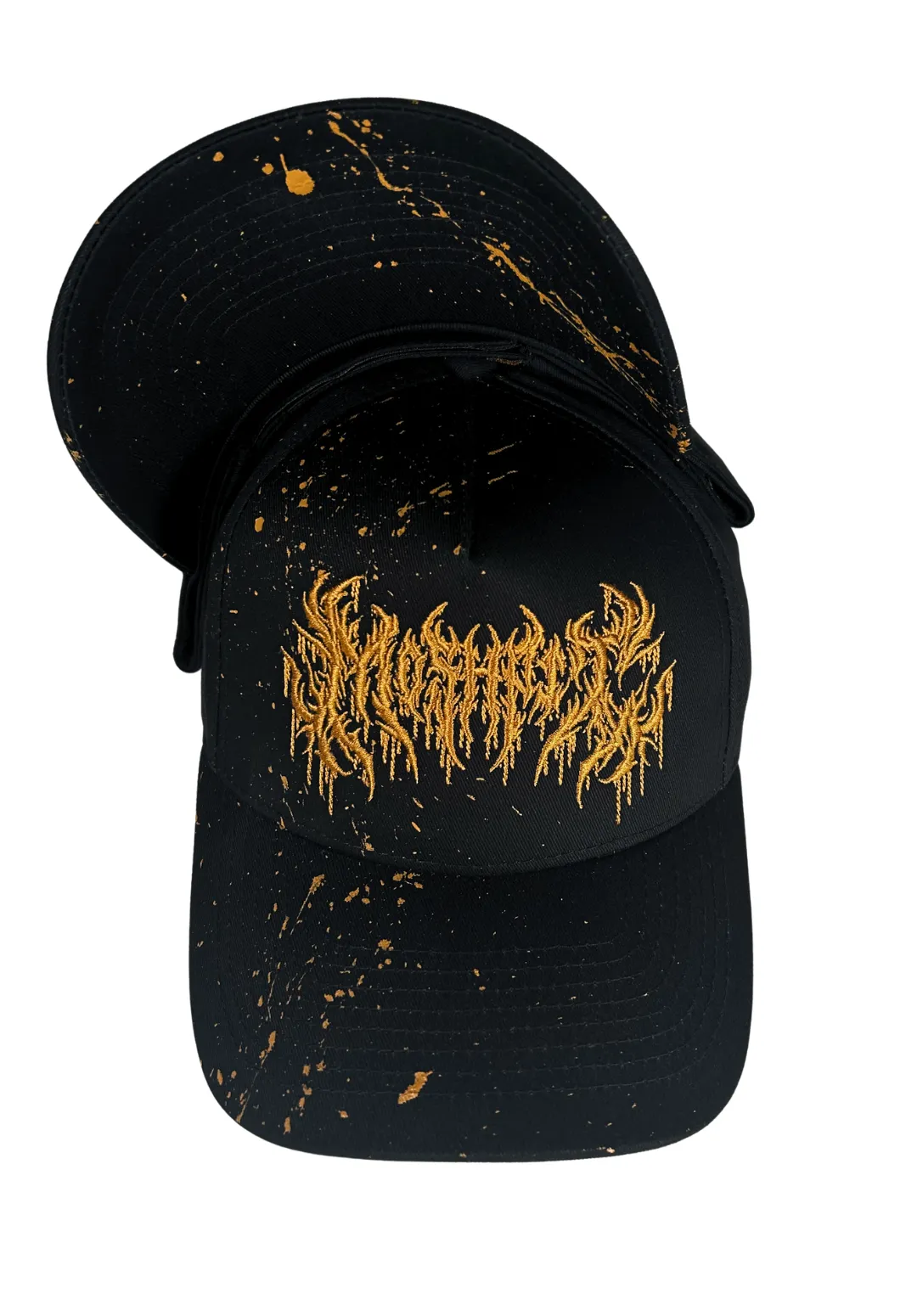 Casquette PRIMAL noire Moshpit avec broderie dorée et projections de peinture réalisées à la main, édition limitée à 50 exemplaires