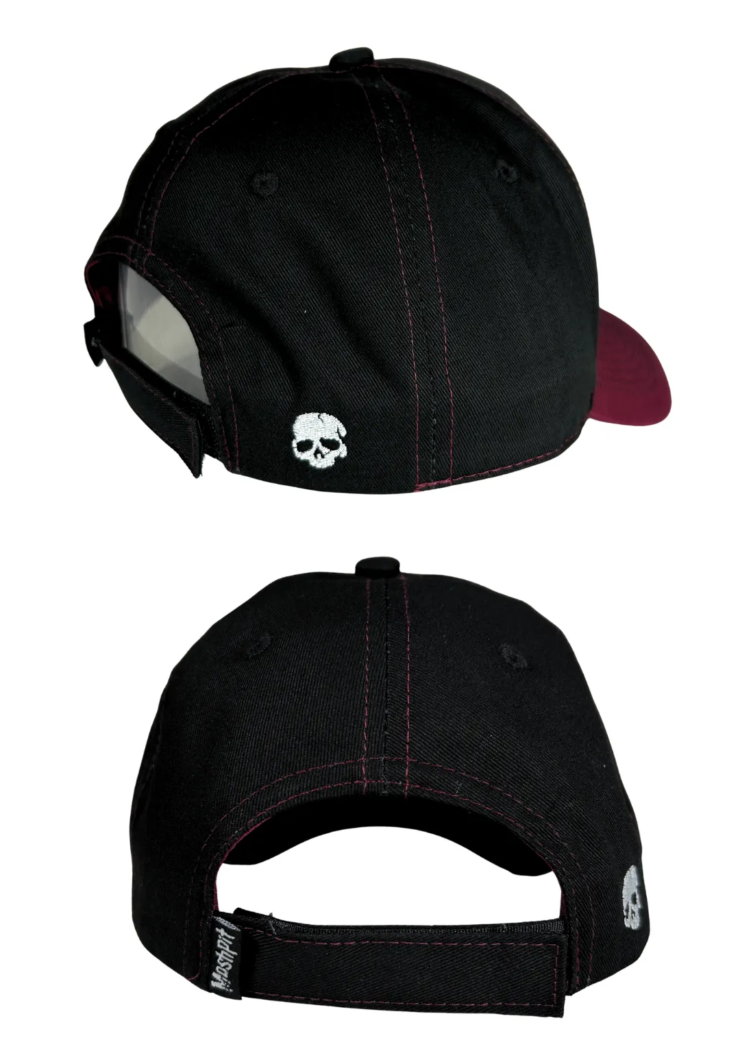 Casquette BRUISED noire et bordeaux Moshpit avec patch tissu brodé crâne Born In The Pit et taille ajustable