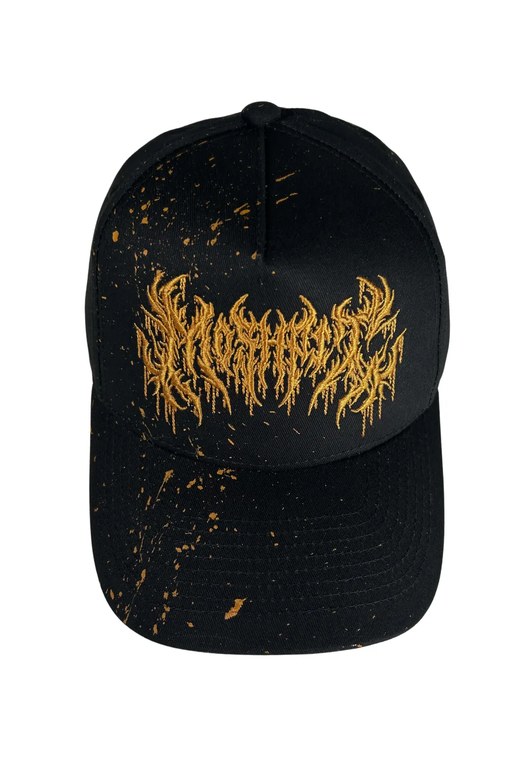 Casquette PRIMAL noire Moshpit avec broderie dorée et projections de peinture réalisées à la main, édition limitée à 50 exemplaires