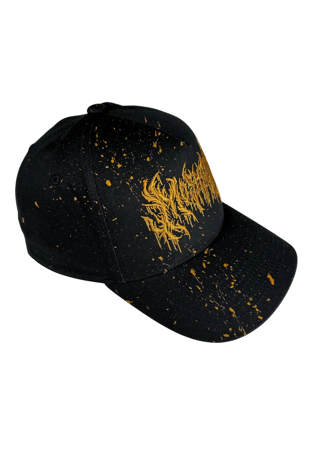 Casquette PRIMAL noire Moshpit avec broderie dorée et projections de peinture réalisées à la main, édition limitée à 50 exemplaires