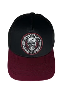 Casquette BRUISED noire et bordeaux Moshpit avec patch tissu brodé crâne Born In The Pit et taille ajustable