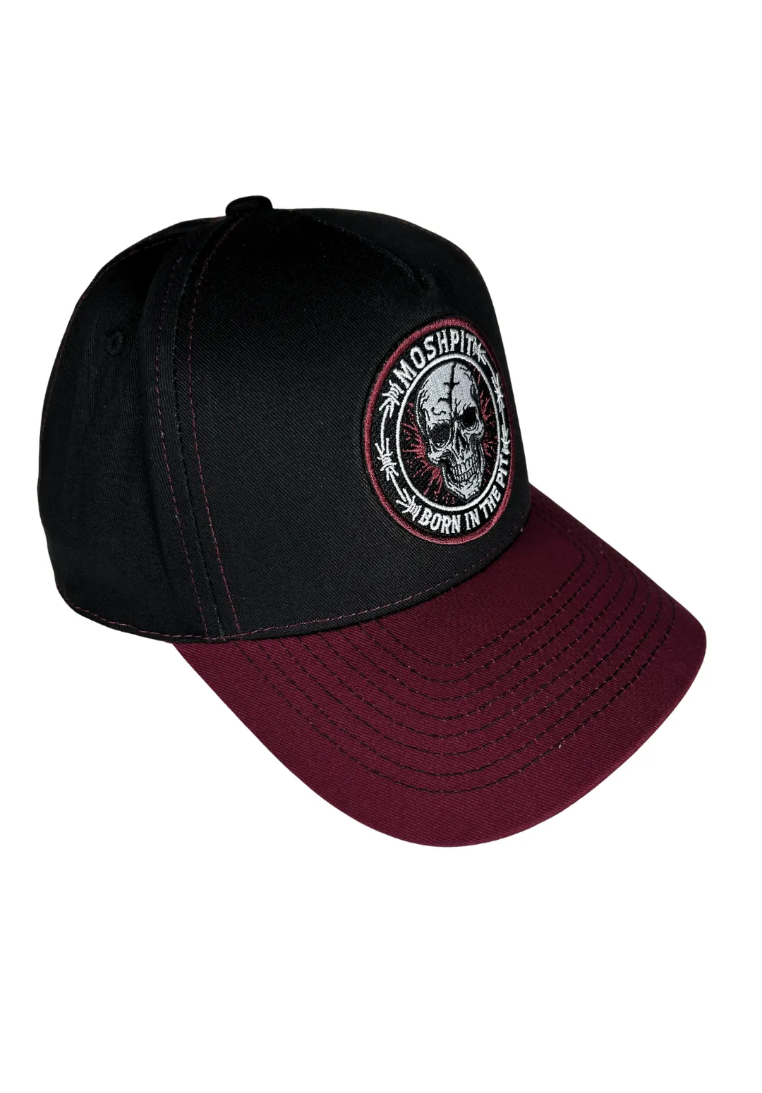 Casquette BRUISED noire et bordeaux Moshpit avec patch tissu brodé crâne Born In The Pit et taille ajustable