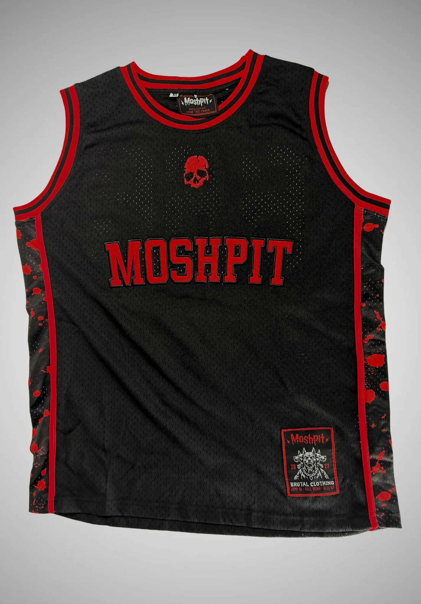 Jersey Moshpit 666 noir et rouge en mesh avec logo brodé et patch cousu
