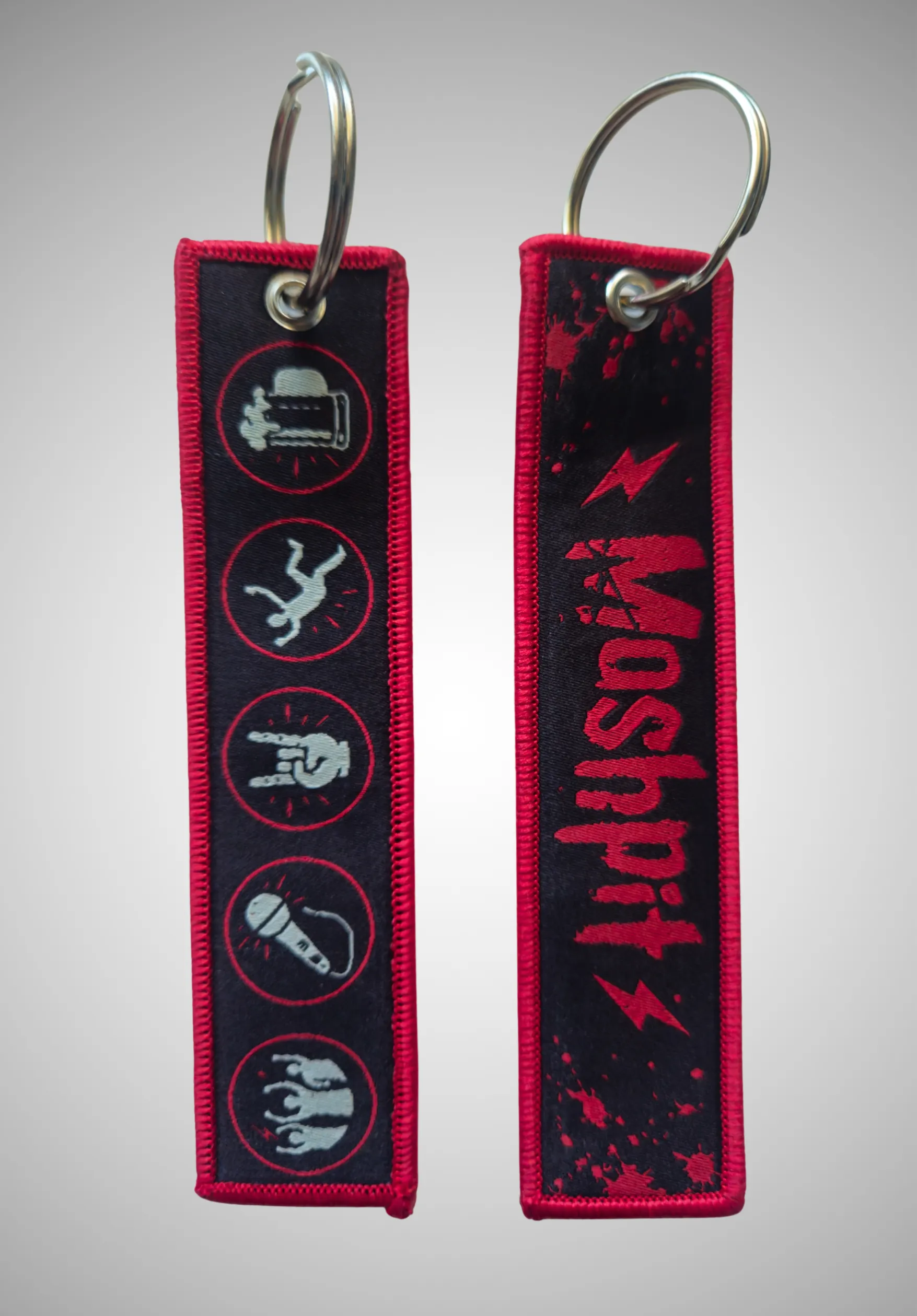 Porte-clés tissé PIT ACCESS rouge et noir Moshpit avec design recto verso