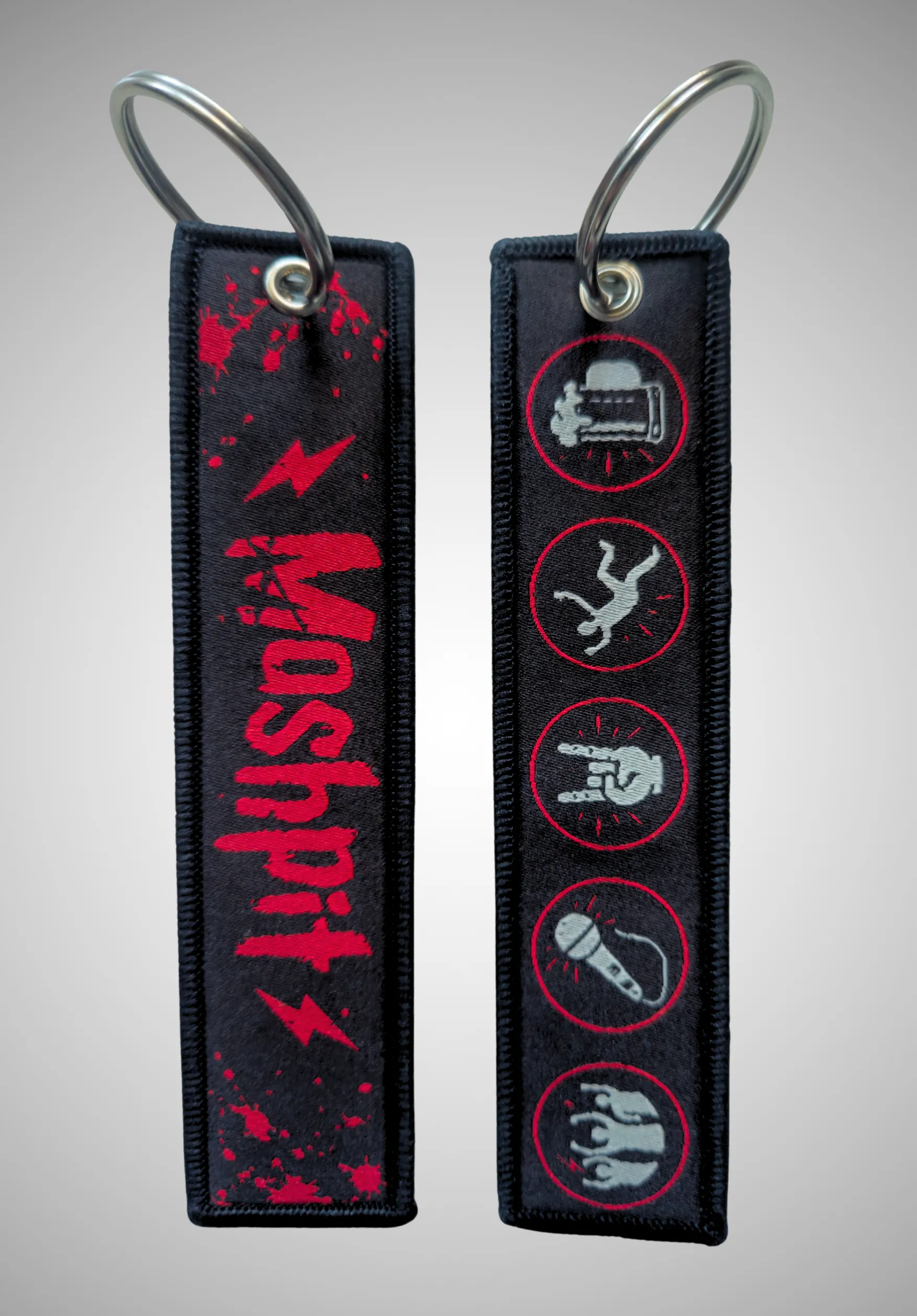 Porte-clés tissé PIT ACCESS rouge et noir Moshpit avec design recto verso