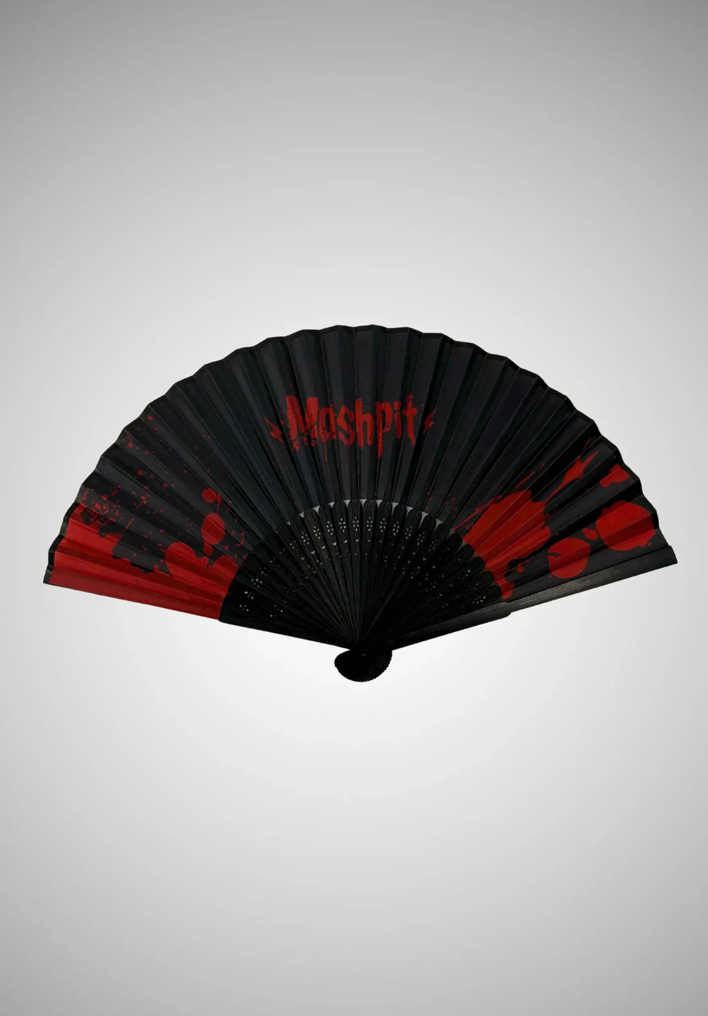 Éventail Moshpit noir et rouge ouvert avec logo et projections rouges