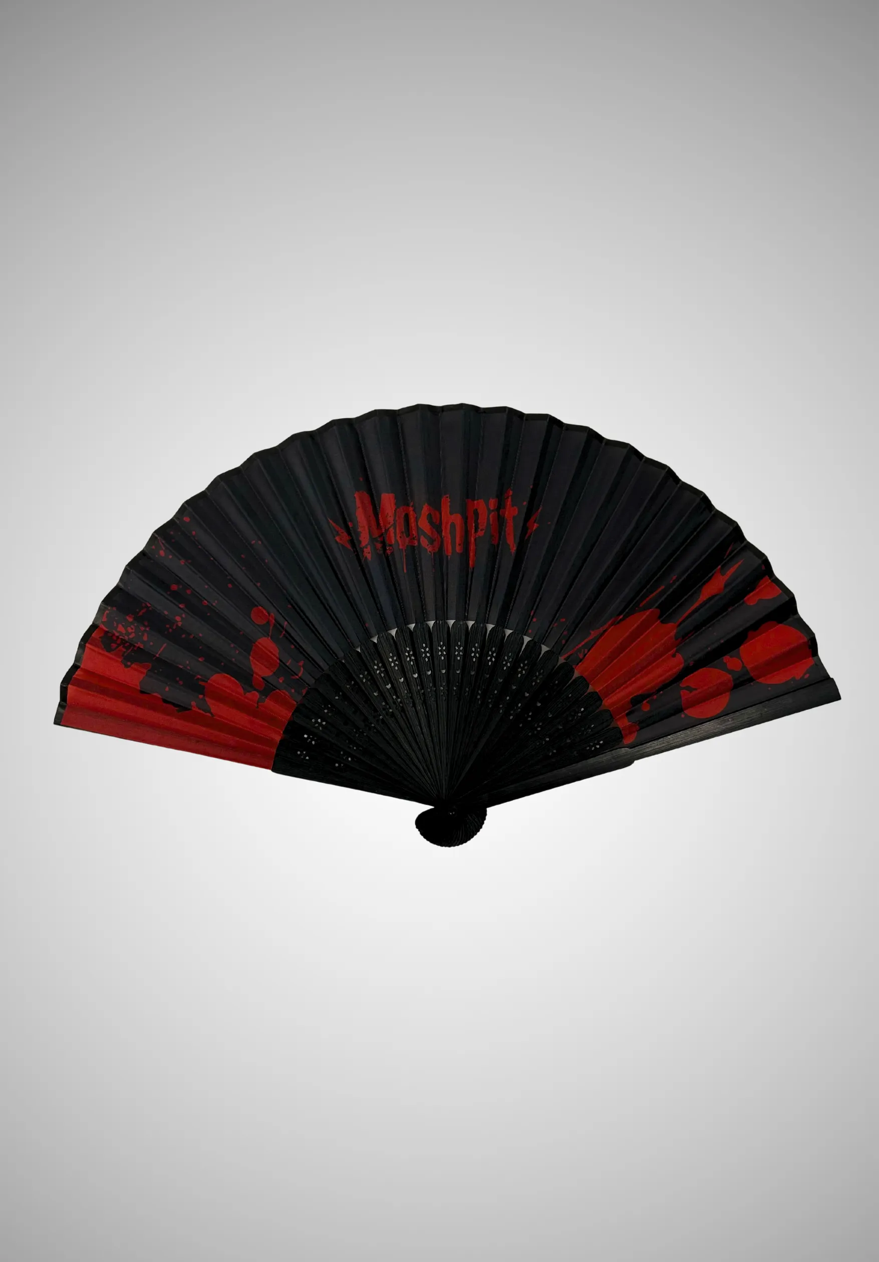 Éventail Moshpit noir et rouge ouvert avec logo et projections rouges