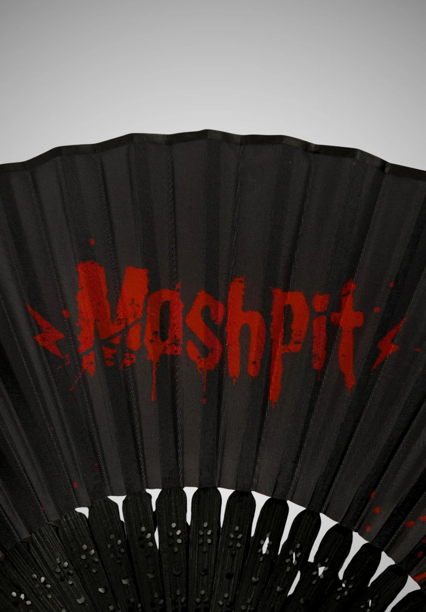 Éventail Moshpit noir et rouge ouvert avec logo et projections rouges